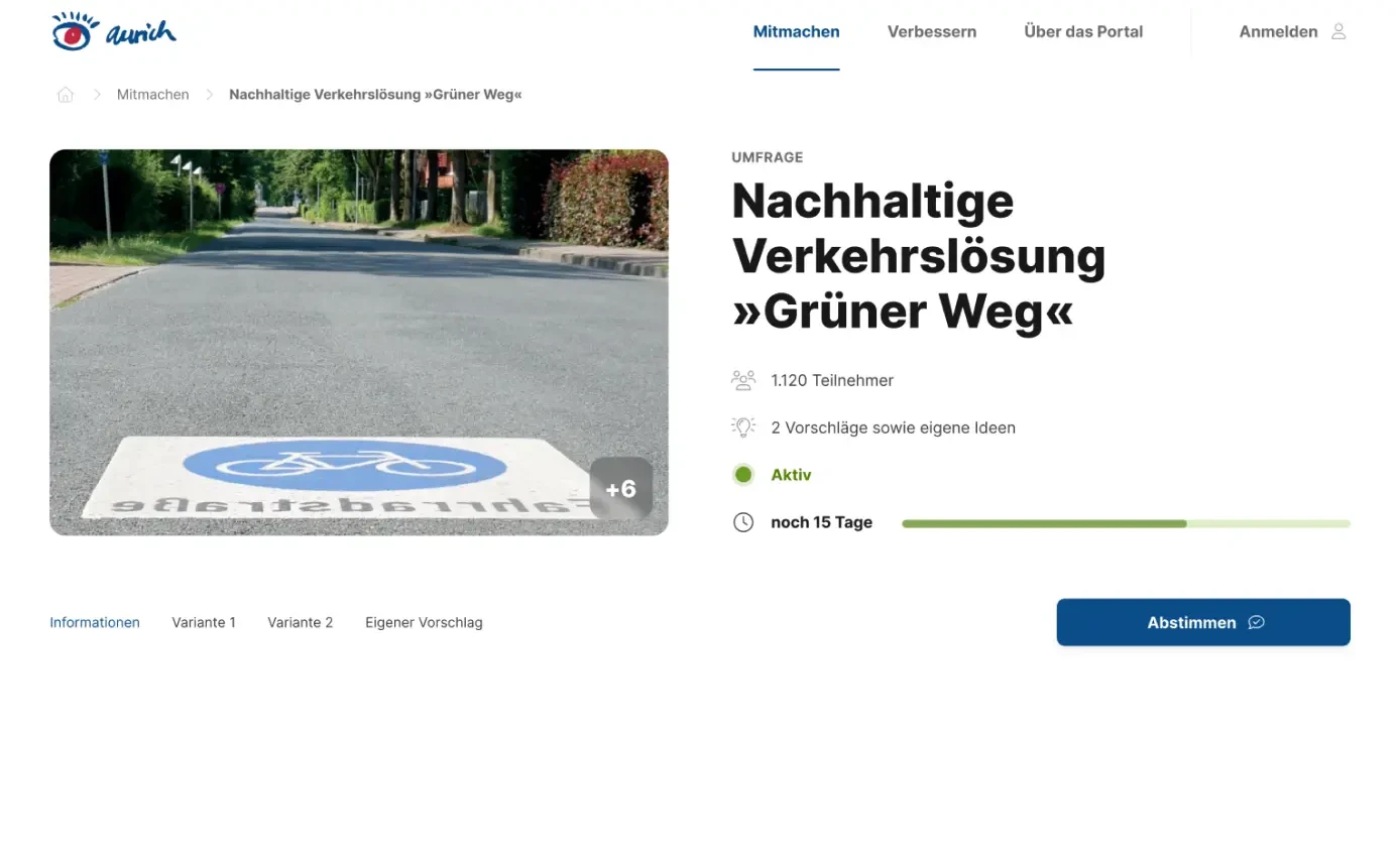 Umfrageportal zur nachhaltigen Verkehrslösung 'Grüner Weg' mit Radwegmarkierung auf einer Straße auf der Bürgerbeteiligungsplattform Aurich