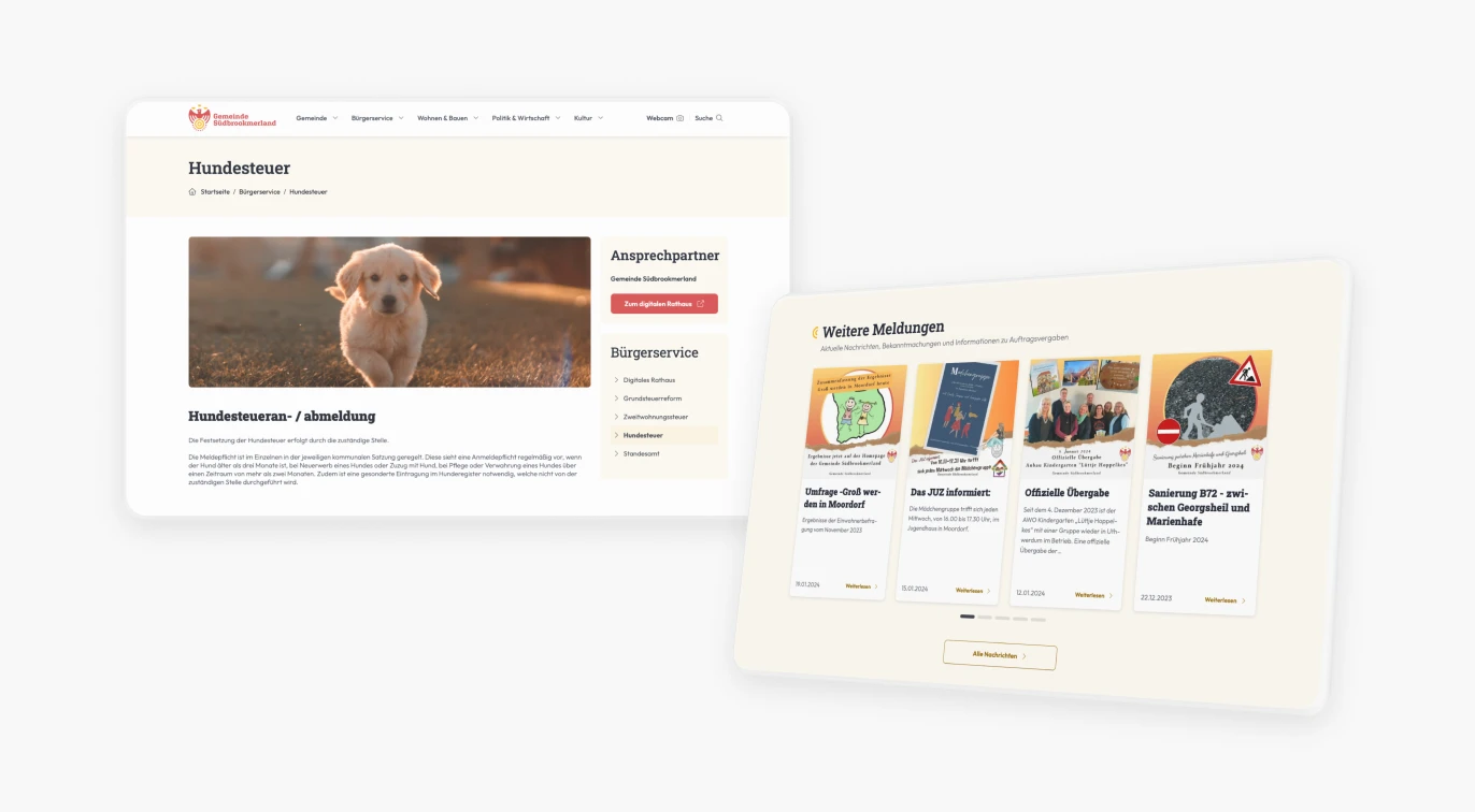 Tablet und Smartphone zeigen Webseite der Gemeinde Südbrookmerland mit Informationen zur Hundesteueran- und -abmeldung, flankiert von weiteren Bürgerdiensten und aktuellen Meldungen.