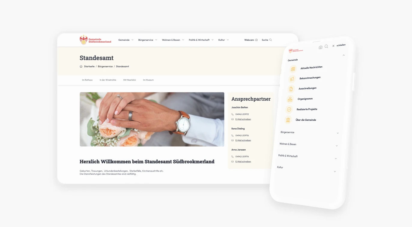 Desktop- und Smartphone-Display mit der Startseite des Standesamts der Gemeinde Südbrookmerland, die Dienstleistungen für Lebensereignisse anbietet