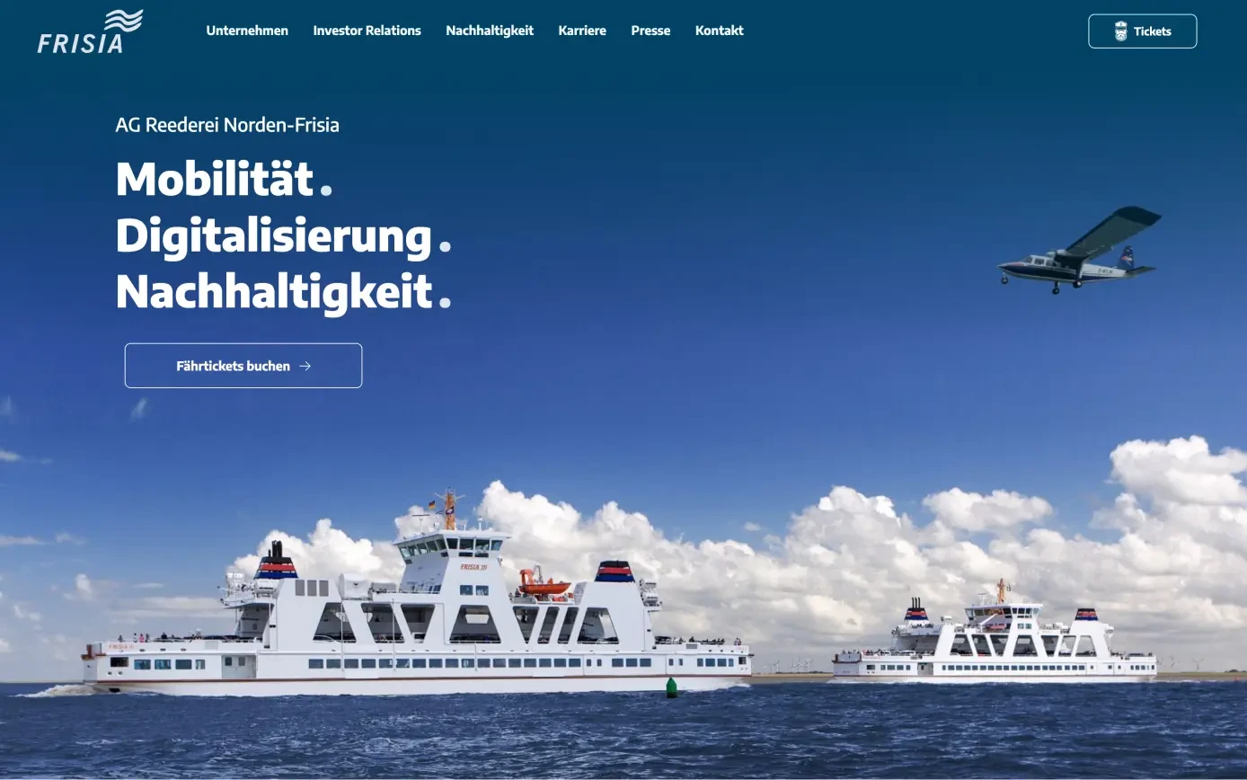 Webseite der AG Reederei Norden-Frisia mit den verschiedenen Transportmöglichkeiten