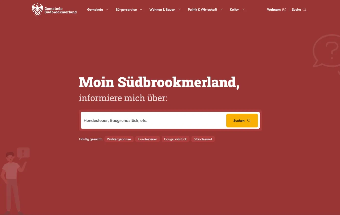 Startseite der Gemeinde Südbrookmerland Website mit prominenter Suchleiste