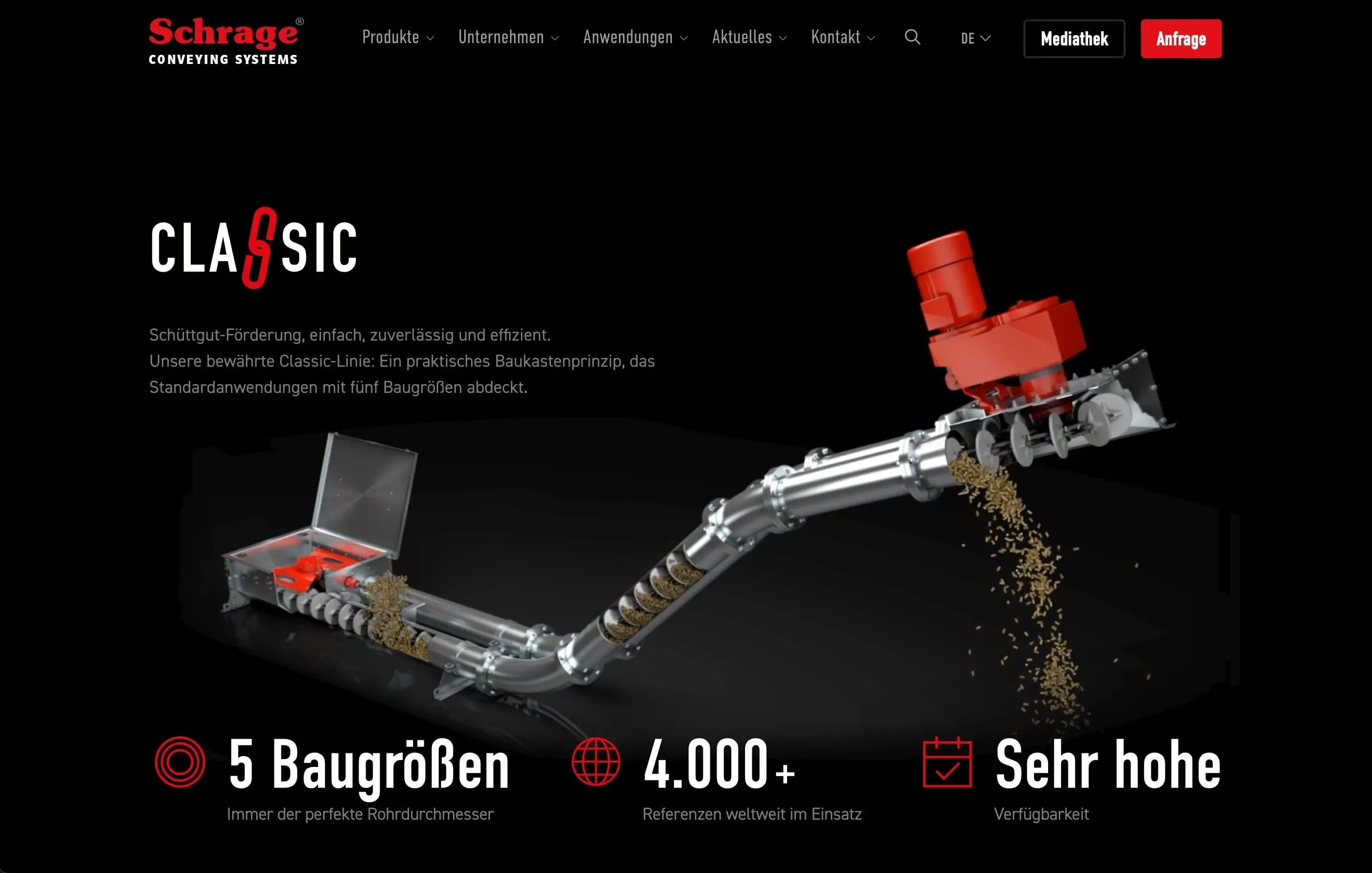 Darstellung des Schrage Rohrfördersystems Classic- Line auf der Unternehmenswebsite