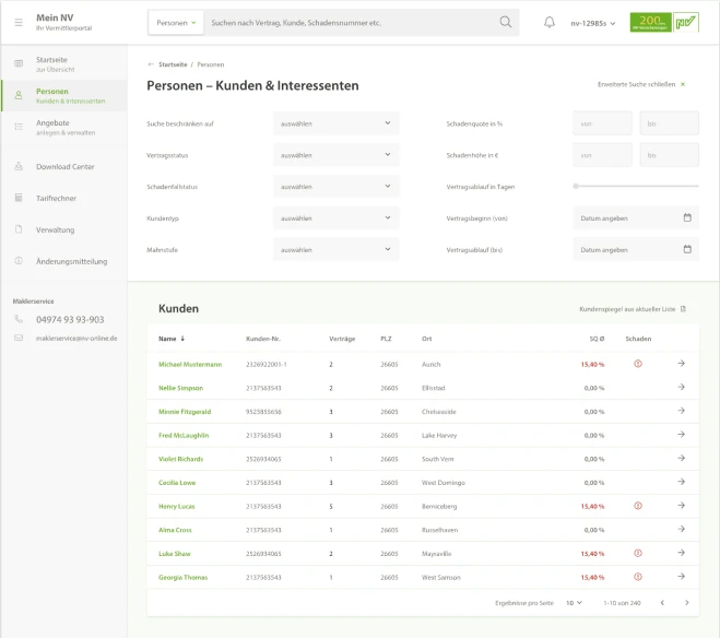 Kundenverwaltungsbereich im Intranet des NV Versicherungsportal