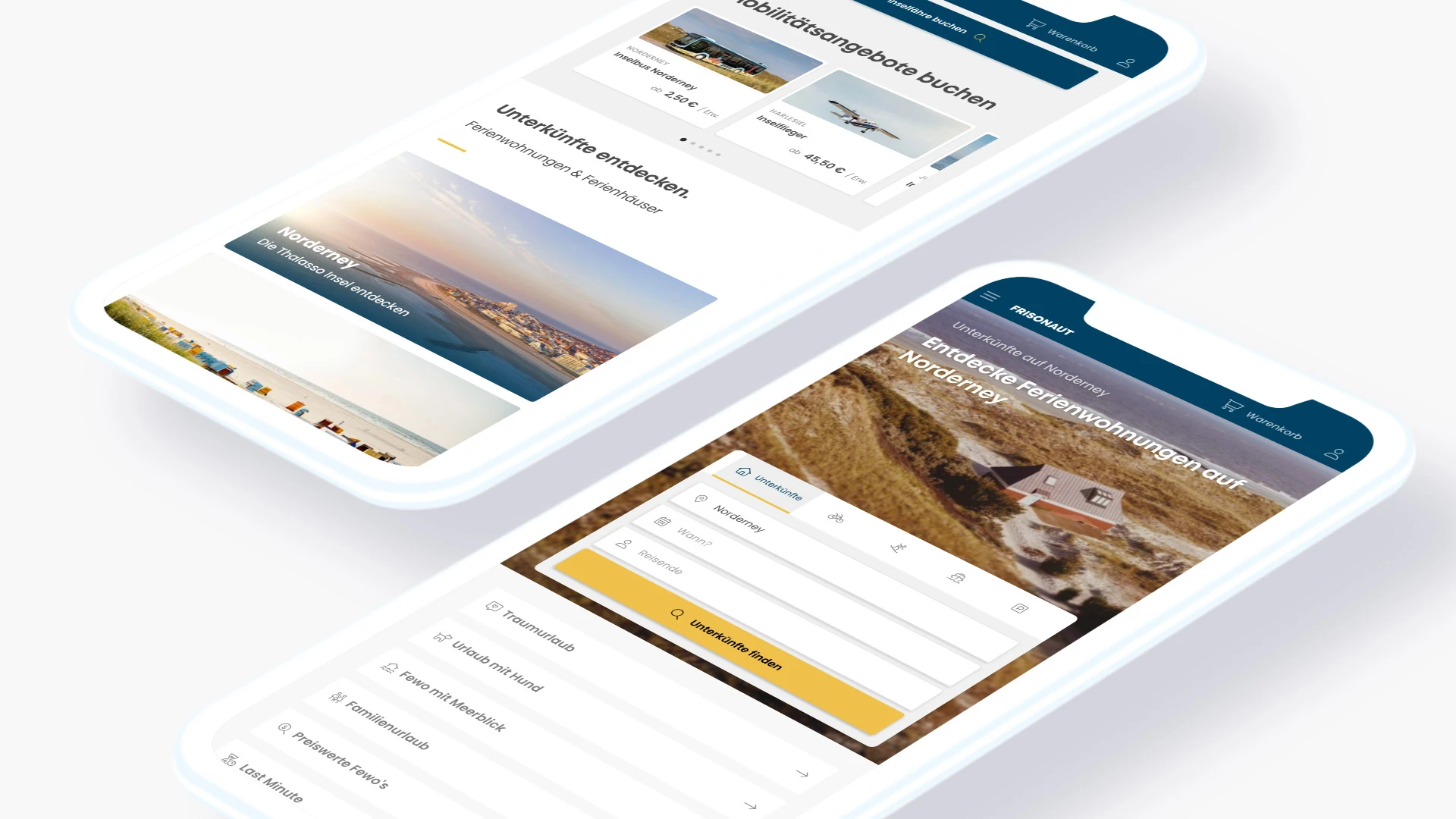 Smartphones Mockups mit verschiedenen Ansichten der Buchungsplattform FRISONAUT