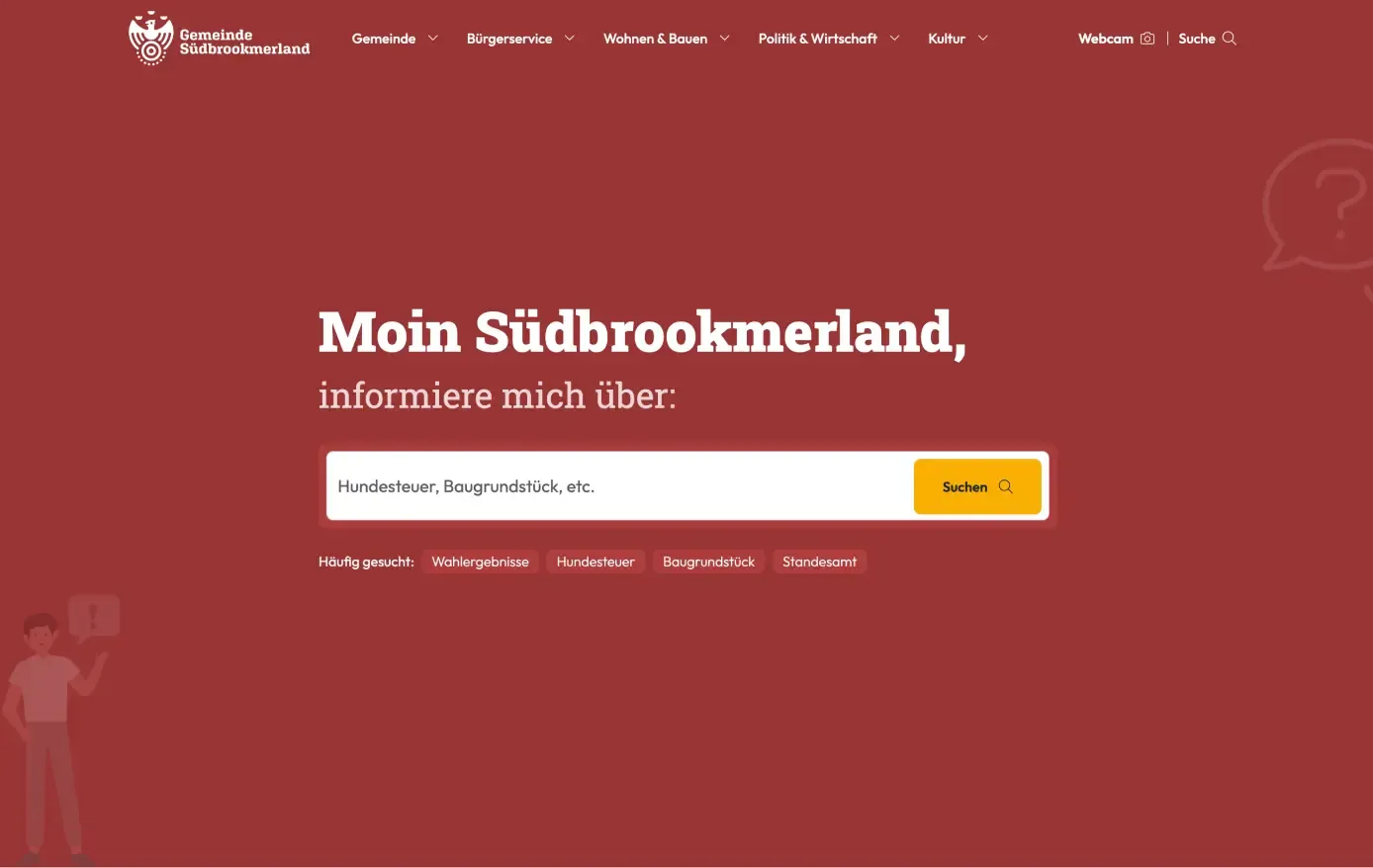 Startseite der Gemeinde Südbrookmerland Website mit prominenter Suchleiste