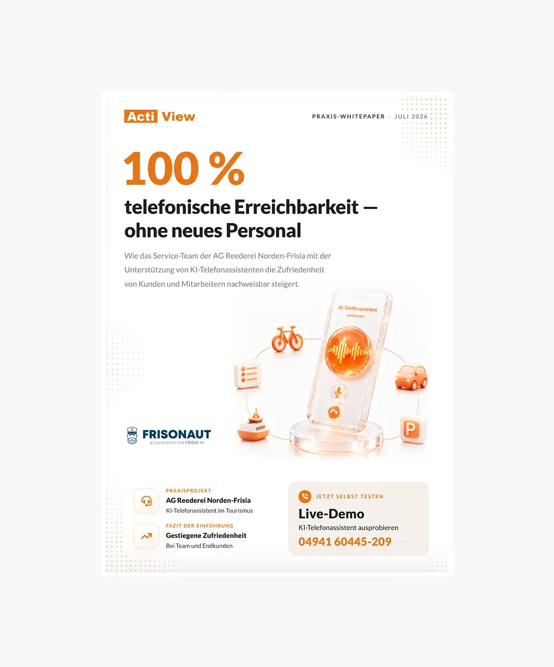 Titelseite des Whitepapers: 100 % telefonische Erreichbarkeit ohne neues Personal – Praxisbericht der AG Reederei Norden-Frisia