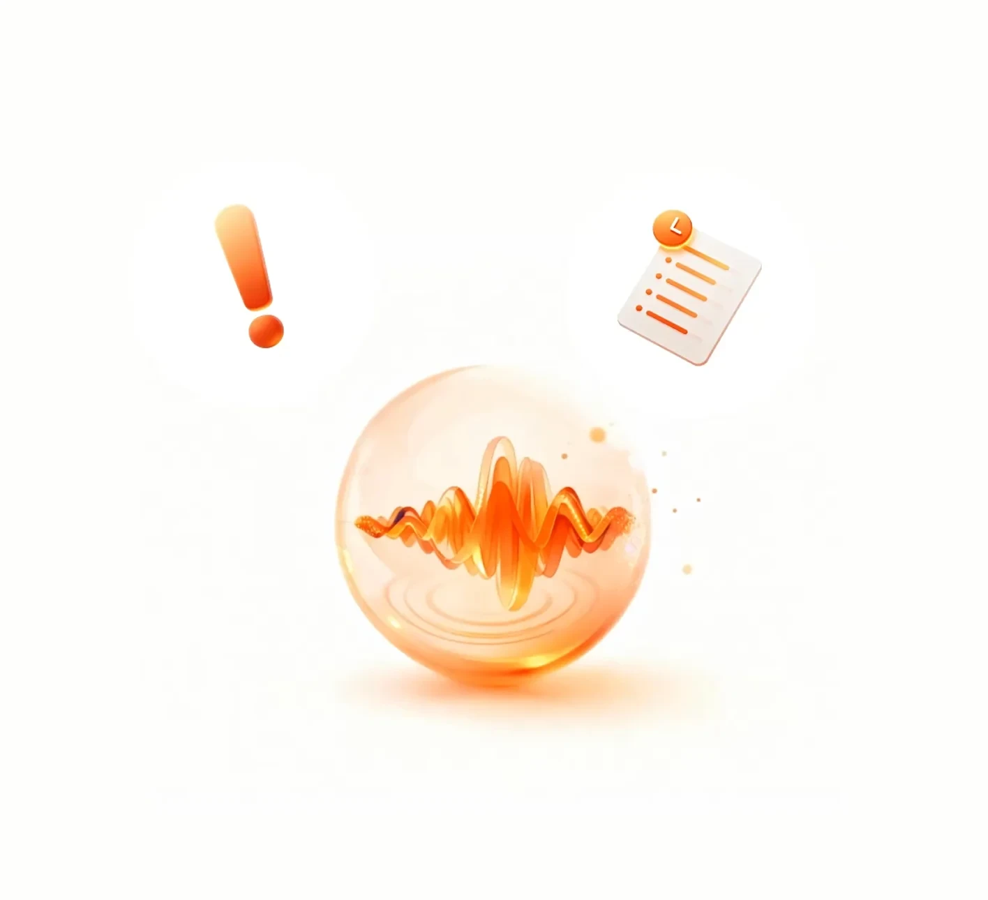 Abstrakte orangefarbene Klangwellen in einer gläsernen Kugel mit einem Ausrufezeichen links und einer Aufgabenliste mit Uhrsymbol rechts auf weißem Hintergrund