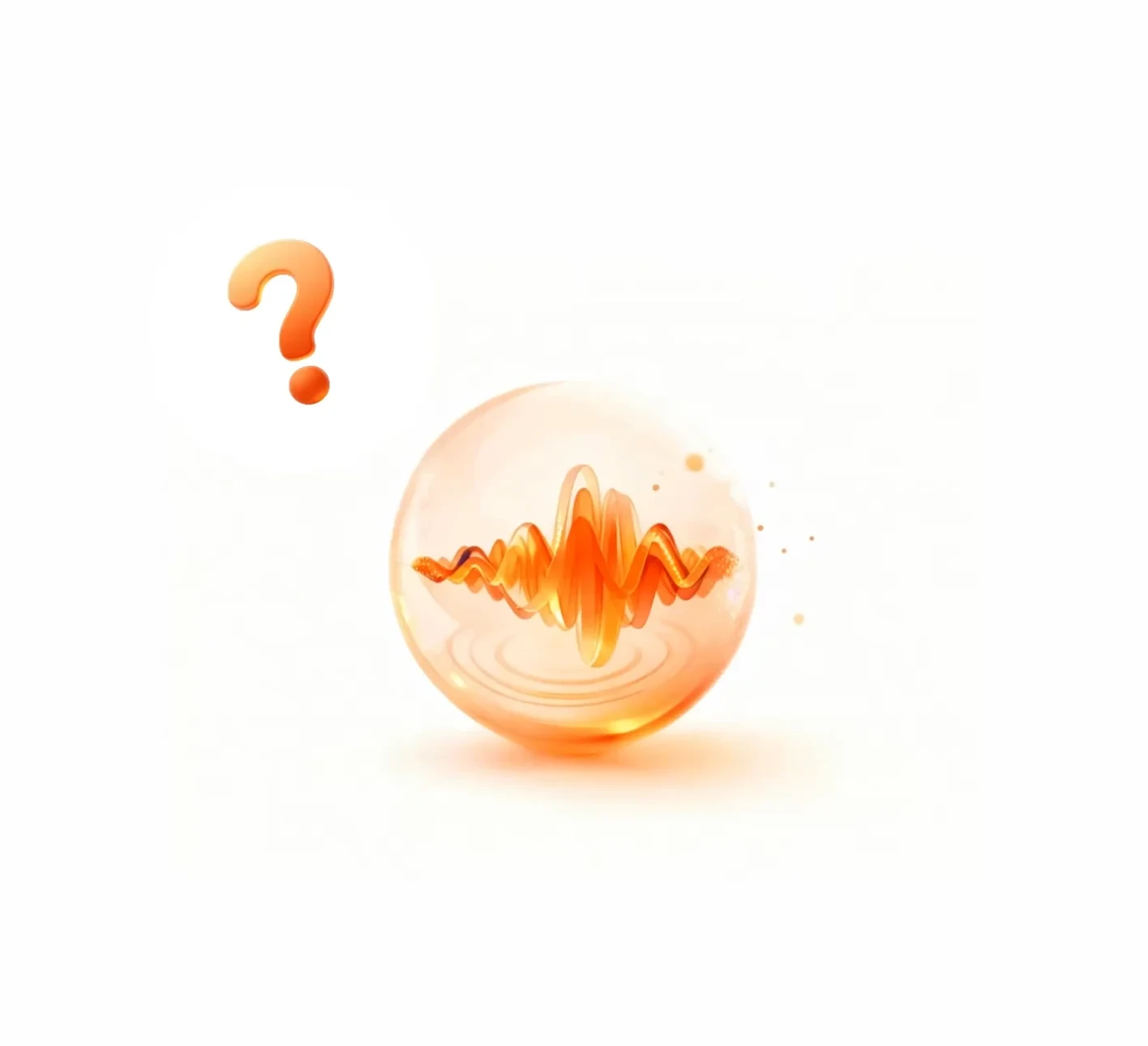 Abstrakte orangefarbene Klangwellen in einer gläsernen Sphäre mit einem daneben schwebenden Fragezeichen auf weißem Hintergrund