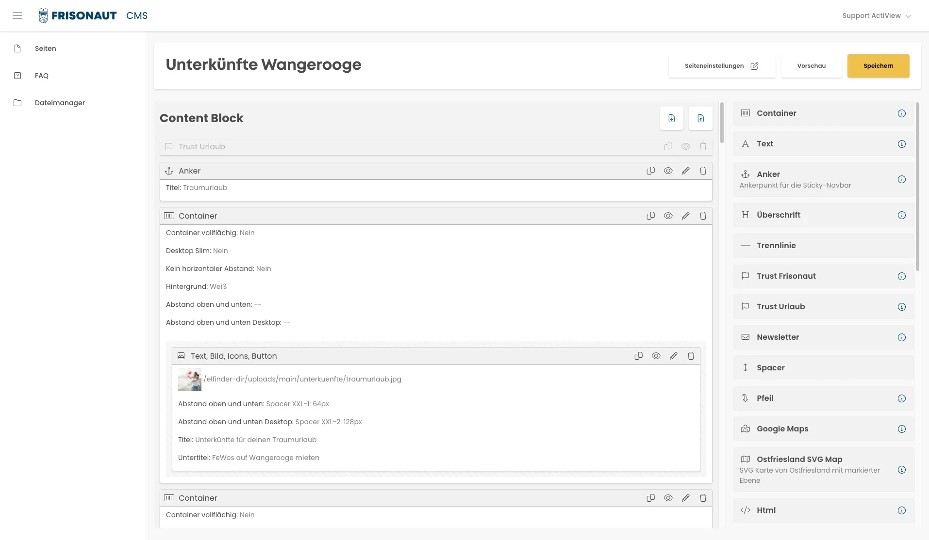 Ein Screenshot des Frisonaut-Backends zur Bearbeitung der Seiteninhalte