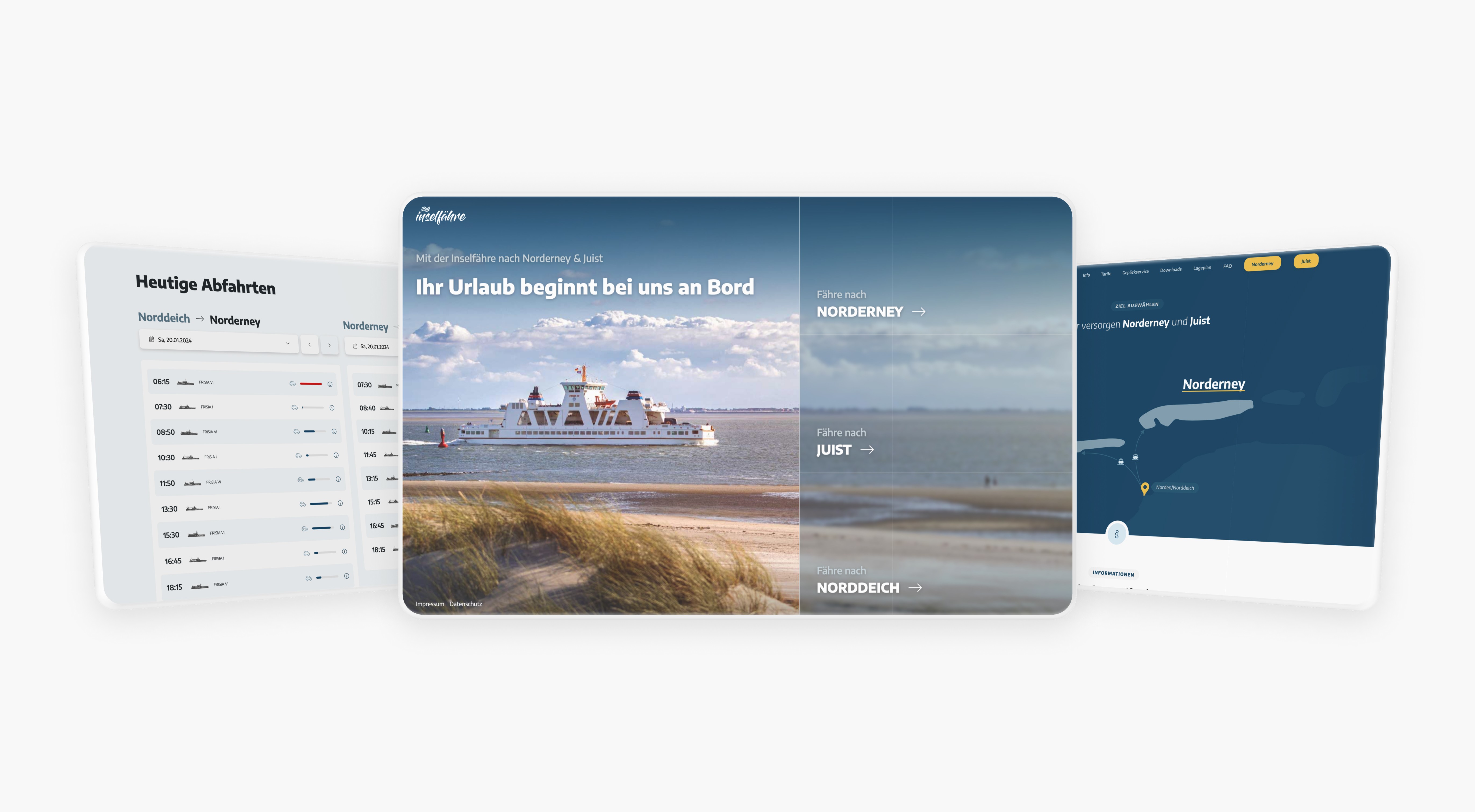 Digitale Anzeigen von Fahrplänen und Werbebildern der Reederei, dargestellt auf Tablet, Monitor und Smartphone