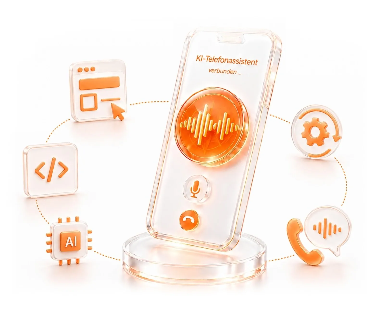 3D-Illustration eines Smartphones mit aktivem KI-Telefonassistenten im verbundenen Anruf, umgeben von Symbolen für KI, Code, Automatisierung und Telefonie