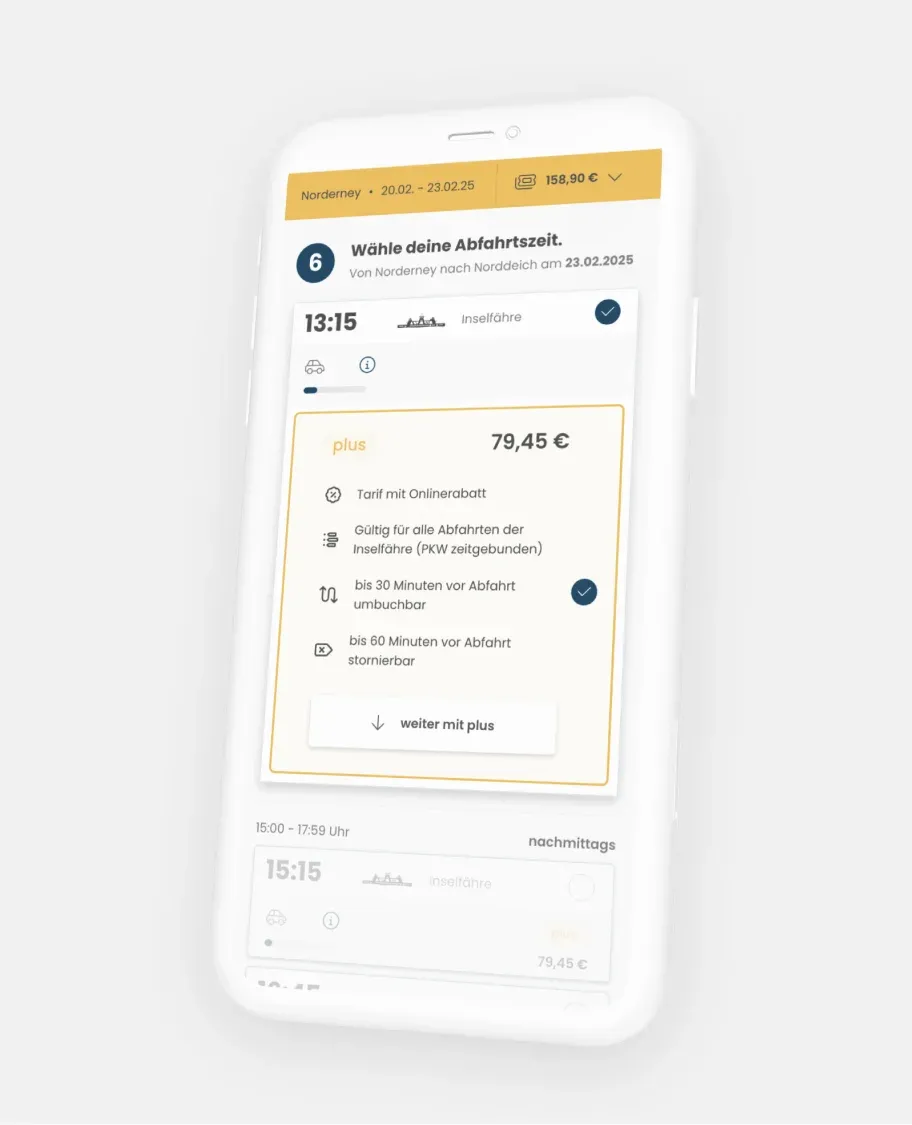 Ein Smartphone auf dem das Buchungssystem von Frisonaut zu sehen ist.